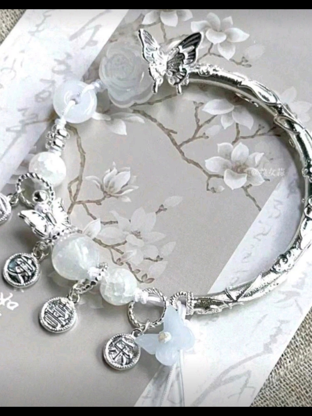 Silver and White Floral Charm Bangle Bracelet - Women Jewelry